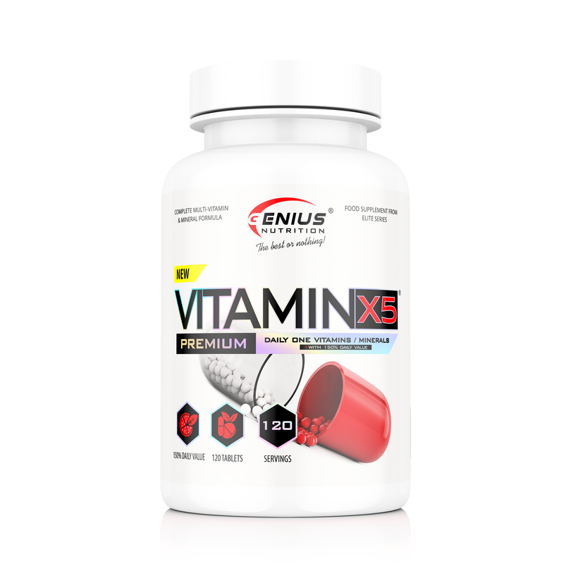 Incarca imaginea in galerie, VITAMIN-X5 120tabs 120serv Genius Nutrition – Supliment complex de vitamine si minerale ajuta la imbunatatirea imunitatii, energiei, sanatatii oaselor, pielii si sistemului cardiovascular, oferind un suport complet pentru sanatatea generala.
