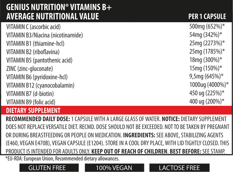 Incarca imaginea in galerie, VITAMINSB+ 60caps 60serv Genius Nutrition – Supliment care sprijina metabolismul nutrientilor si ajuta la gestionarea tulburarilor de somn, iritabilitatii, oboselii si anemiei
