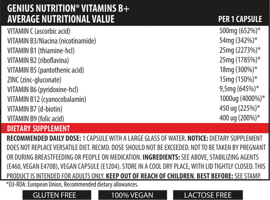 VITAMINSB+ 60caps 60serv Genius Nutrition – Supliment care sprijina metabolismul nutrientilor si ajuta la gestionarea tulburarilor de somn, iritabilitatii, oboselii si anemiei