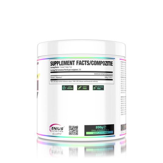 VITAMIN C 200g 200serv Genius Nutrition- Supliment pentru sustinerea functiei imunitare fara aroma si aditivi pentru cresterea aportului de vitamina C