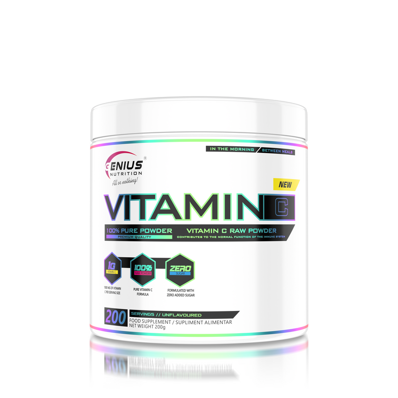 Incarca imaginea in galerie, VITAMIN C 200g 200serv Genius Nutrition- Supliment pentru sustinerea functiei imunitare fara aroma si aditivi pentru cresterea aportului de vitamina C
