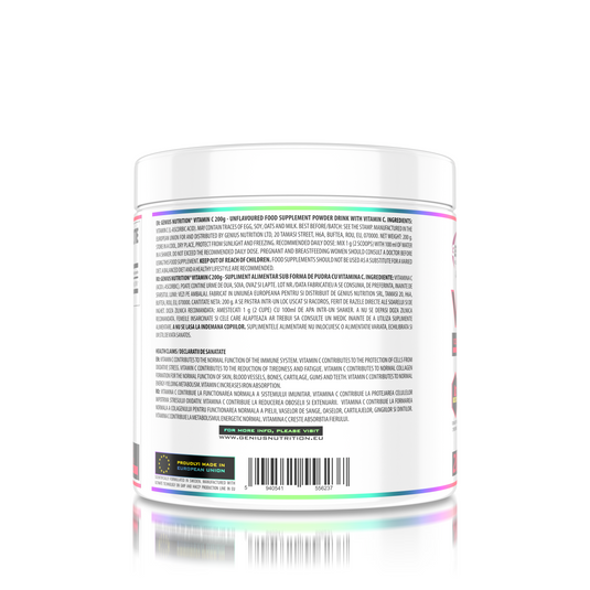VITAMIN C 200g 200serv Genius Nutrition- Supliment pentru sustinerea functiei imunitare fara aroma si aditivi pentru cresterea aportului de vitamina C