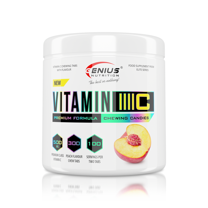 VITAMIN C 300 chew candies Genius Nutrition - Supliment mestecabil pentru intarirea sistemului imunitar si cresterea aportului de vitamina C, usor de consumat cu aroma de peach