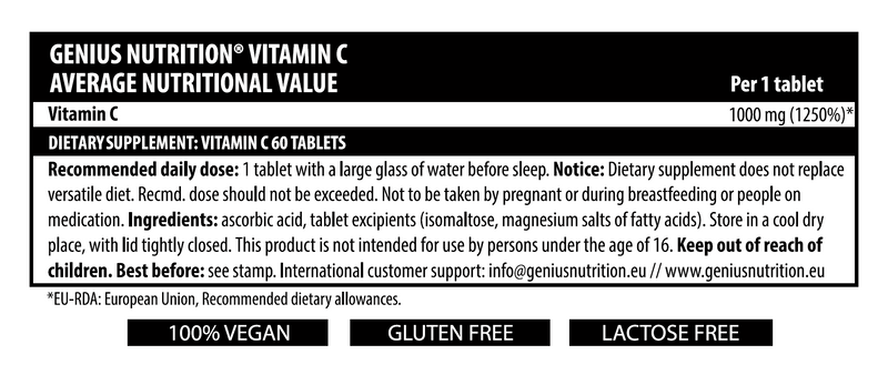 Incarca imaginea in galerie, VITAMIN C 60tabs 60serv Genius Nutrition – Supliment vegan care ajuta la protejarea celulelor impotriva stresului oxidativ, sprijinind sanatatea sistemului imunitar si contribuind la formarea colagenului
