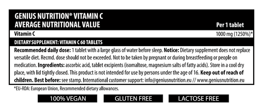 VITAMIN C 60tabs 60serv Genius Nutrition – Supliment vegan care ajuta la protejarea celulelor impotriva stresului oxidativ, sprijinind sanatatea sistemului imunitar si contribuind la formarea colagenului