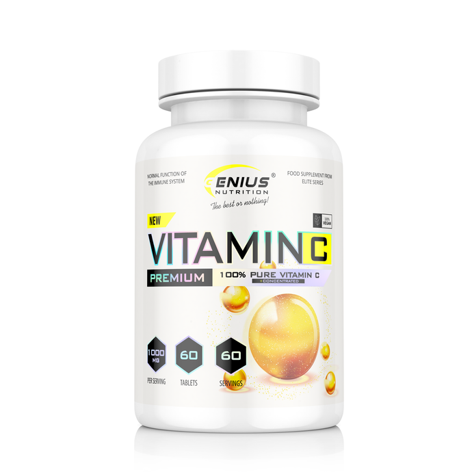 VITAMIN C 60tabs 60serv Genius Nutrition – Supliment vegan care ajuta la protejarea celulelor impotriva stresului oxidativ, sprijinind sanatatea sistemului imunitar si contribuind la formarea colagenului