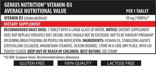 VITAMIN D3 90tabs 90serv Genius Nutrition – Supliment esential pentru sanatatea oaselor, dintilor si muschilor, care intareste sistemul imunitar si ajuta la protejarea organismului impotriva infectiilor, cunoscuta si ca „vitamina soarelui”