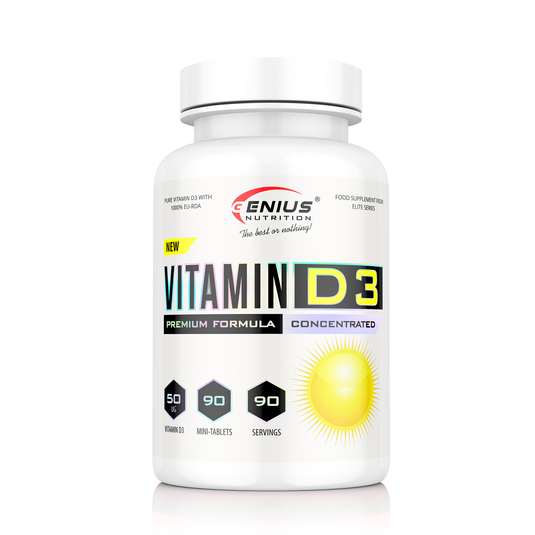 VITAMIN D3 90tabs 90serv Genius Nutrition – Supliment esential pentru sanatatea oaselor, dintilor si muschilor, care intareste sistemul imunitar si ajuta la protejarea organismului impotriva infectiilor, cunoscuta si ca „vitamina soarelui”