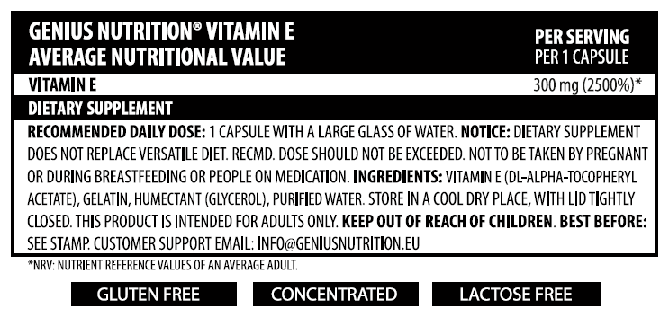 Incarca imaginea in galerie, VITAMIN E 60liquid caps 60serv Genius Nutrition – Supliment antioxidant care protejeaza organismul impotriva radicalilor liberi, mentine sanatatea pielii, ochilor si sistemului imunitar, contribuind totodata la prevenirea formarii cheagurilor de sange
