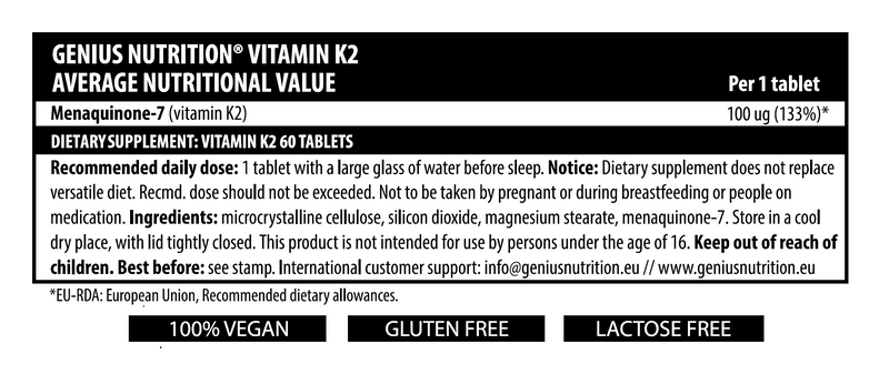 Incarca imaginea in galerie, VITAMIN K2 60tabs 60serv Genius Nutrition – Supliment care protejeaza sistemul cardiovascular prevenind calcifierea arterelor si sustinand densitatea osoasa
