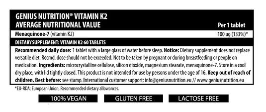 VITAMIN K2 60tabs 60serv Genius Nutrition – Supliment care protejeaza sistemul cardiovascular prevenind calcifierea arterelor si sustinand densitatea osoasa