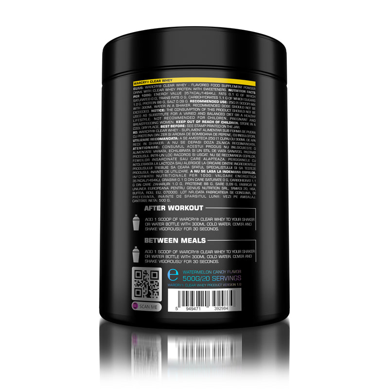 Incarca imaginea in galerie, WARCRY CLEAR WHEY 500g 20serv Genius Nutrition – Supliment proteic clear whey cu putine calorii, fara zahar si grasimi adaugate, continut scazut de lactoza cu aroma racoritoare 
