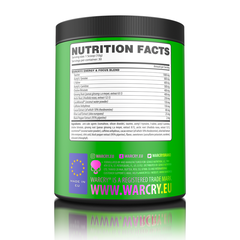 Incarca imaginea in galerie, WARCRY ENERGY 300g 30serv Genius Nutrition - Supliment pre-workout pentru un boost de energie si concentrare, cu electroliti din apa de cocos pentru o hidratare echilibrata pe durata antrenamentelor cu aroma de green apple
