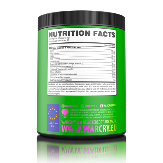 WARCRY ENERGY 300g 30serv Genius Nutrition - Supliment pre-workout pentru un boost de energie si concentrare, cu electroliti din apa de cocos pentru o hidratare echilibrata pe durata antrenamentelor cu aroma de green apple