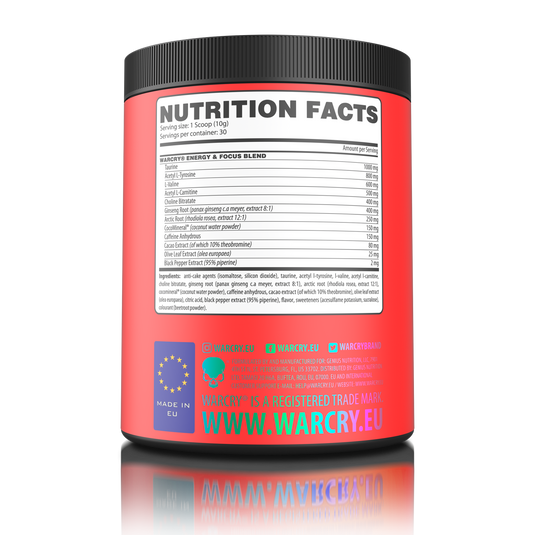 WARCRY ENERGY 300g 30serv Genius Nutrition - Supliment pre-workout pentru un boost de energie si concentrare, cu electroliti din apa de cocos pentru o hidratare echilibrata pe durata antrenamentelor cu aroma de sour watermelon