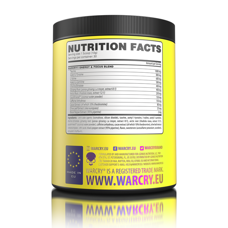 Incarca imaginea in galerie, WARCRY ENERGY 300g 30serv Genius Nutrition - Supliment pre-workout pentru un boost de energie si concentrare, cu electroliti din apa de cocos pentru o hidratare echilibrata pe durata antrenamentelor cu aroma de energy fruits
