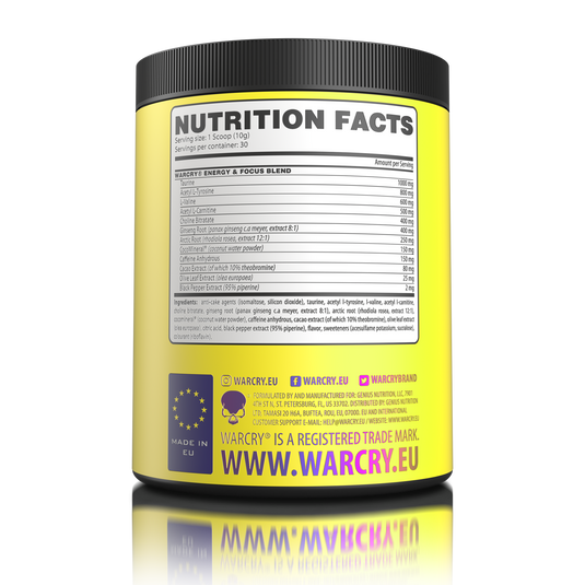 WARCRY ENERGY 300g 30serv Genius Nutrition - Supliment pre-workout pentru un boost de energie si concentrare, cu electroliti din apa de cocos pentru o hidratare echilibrata pe durata antrenamentelor cu aroma de energy fruits