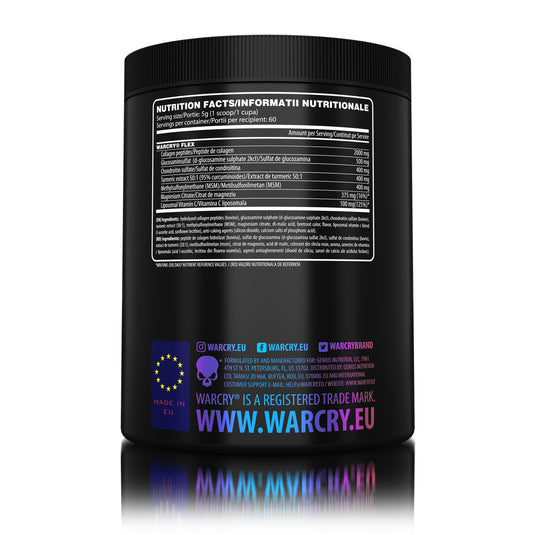 WARCRY FLEX 300g 60serv Genius Nutrition – Supliment natural pentru sanatatea articulatiilor, contribuind la refacerea si mentinerea mobilitatii si functionalitatii acestora sub forma de pulbere cu aroma de grapes and plums