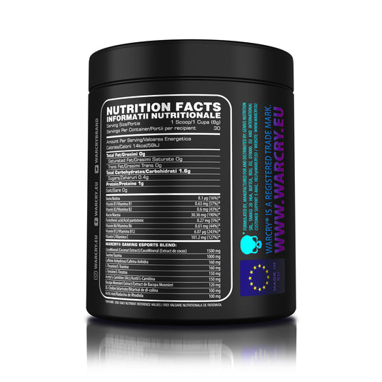 WARCRY GAMING 240g 30serv Genius Nutrition - Supliment pentru sesiuni intense de gaming, care stimuleaza functia cognitiva, furnizeaza energie, imbunatateste memoria, reduce stresul si favorizeaza o rehidratarea eficienta cu aroma de cyber grapes