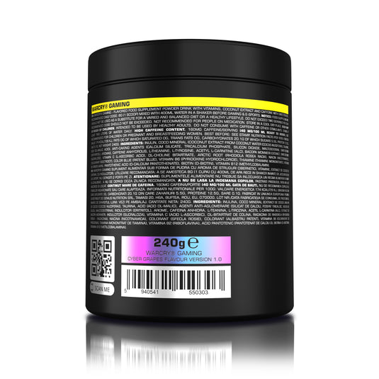 WARCRY GAMING 240g 30serv Genius Nutrition - Supliment pentru sesiuni intense de gaming, care stimuleaza functia cognitiva, furnizeaza energie, imbunatateste memoria, reduce stresul si favorizeaza o rehidratarea eficienta cu aroma de cyber grapes  