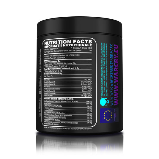 WARCRY GAMING 240g 30serv Genius Nutrition - Supliment pentru sesiuni intense de gaming, care stimuleaza functia cognitiva, furnizeaza energie, imbunatateste memoria, reduce stresul si favorizeaza o rehidratarea eficienta cu aroma de peachful assault