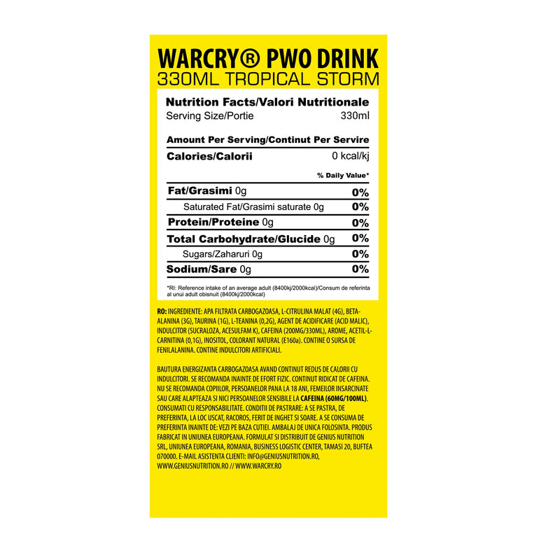 Incarca imaginea in galerie, WARCRY PRE-WORKOUT 330ml 1serv Genius Nutrition – Supliment pre-workout gata preparat cu 0 calorii, ideal pentru energie, pompare si anduranta maxima
