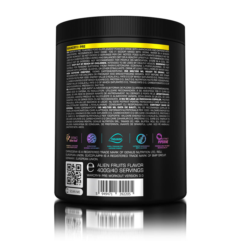 Incarca imaginea in galerie, WARCRY PRE 400g 20/40serv Genius Nutrition - Supliment pre-workout pentru energie, pompare, anduranta si concentrare, potrivit pentru antrenamente intense 
