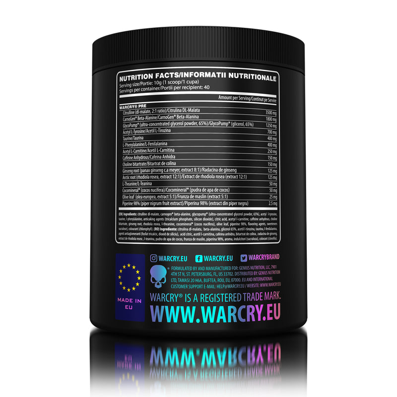 Incarca imaginea in galerie, WARCRY PRE 400g 20/40serv Genius Nutrition - Supliment pre-workout pentru energie, pompare, anduranta si concentrare, potrivit pentru antrenamente intense 
