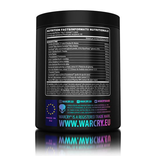 WARCRY PRE 400g 40serv Genius Nutrition - Supliment pre-workout pentru energie, pompare, anduranta si concentrare, potrivit pentru antrenamente intense.