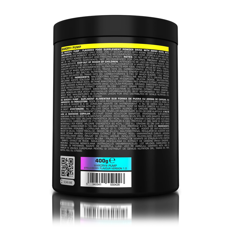 Incarca imaginea in galerie, WARCRY PUMP 400g 20serv Genius Nutrition - Supliment pre-workout fara cafeina pentru pompare si anduranta, perfect pentru antrenamentele tarzii cu aroma de strawberry
