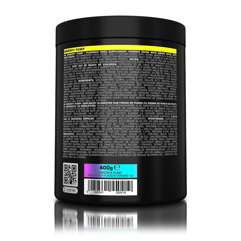 Incarca imaginea in galerie, WARCRY PUMP 400g 20serv Genius Nutrition - Supliment pre-workout fara cafeina pentru pompare si anduranta, perfect pentru antrenamentele tarzii cu aroma de fruit punch
