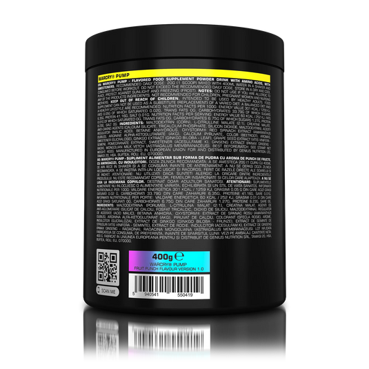 WARCRY PUMP 400g 20serv Genius Nutrition - Supliment pre-workout fara cafeina pentru pompare si anduranta, perfect pentru antrenamentele tarzii cu aroma de fruit punch