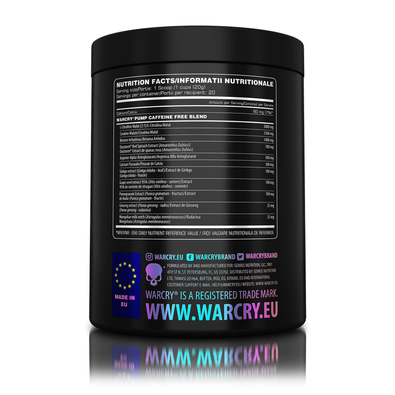 Incarca imaginea in galerie, WARCRY PUMP 400g 20serv Genius Nutrition - Supliment pre-workout fara cafeina pentru pompare si anduranta, perfect pentru antrenamentele tarzii cu aroma de fruit punch
