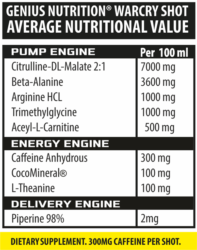 Incarca imaginea in galerie, WARCRY SHOT 100ml 1serv Genius Nutrition - Supliment pre-workout shot, gata de consum, cu continut ridicat de cafeina, perfect pentru energie, pompare, anduranta si volumizare musculara cu aroma de mad cola
