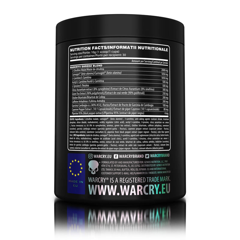 Incarca imaginea in galerie, WARCRY SHREDZ 300g 30serv Genius Nutrition – Supliment pre-workout cu efect termogenic pentru energie, pompare intensa, arderea grasimilor, rezistenta crescuta si diminuarea apetitului cu aroma de green candy
