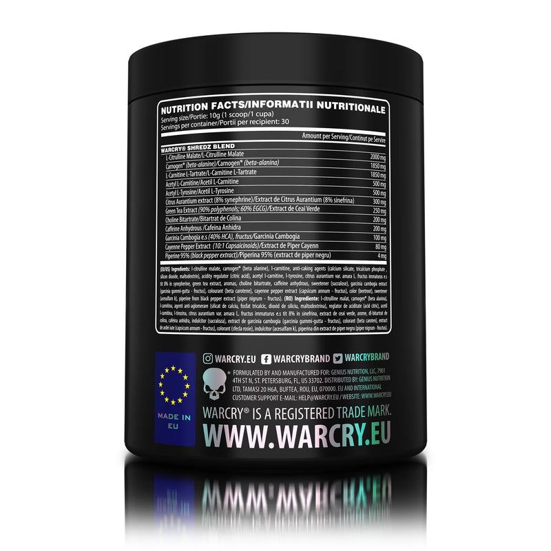 Incarca imaginea in galerie, WARCRY SHREDZ 300g 30serv Genius Nutrition – Supliment pre-workout cu efect termogenic pentru energie, pompare intensa, arderea grasimilor, rezistenta crescuta si diminuarea apetitului cu aroma de mango peach
