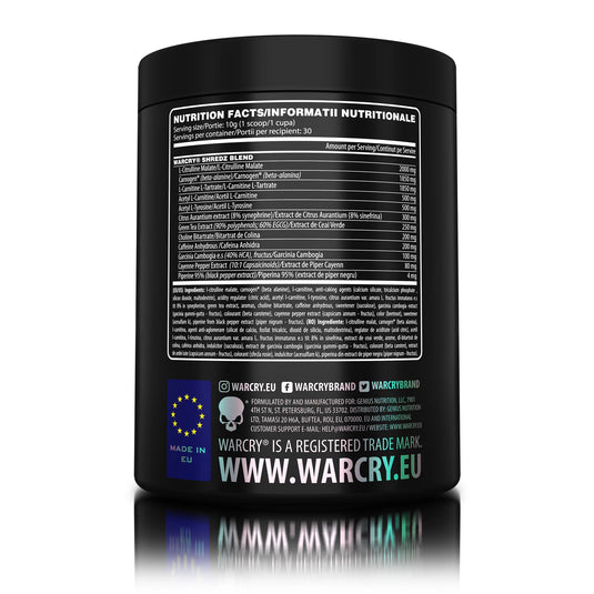 WARCRY SHREDZ 300g 30serv Genius Nutrition – Supliment pre-workout cu efect termogenic pentru energie, pompare intensa, arderea grasimilor, rezistenta crescuta si diminuarea apetitului cu aroma de mango peach