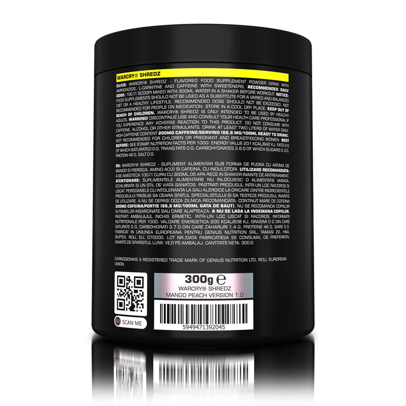 Incarca imaginea in galerie, WARCRY SHREDZ 300g 30serv Genius Nutrition – Supliment pre-workout cu efect termogenic pentru energie, pompare intensa, arderea grasimilor, rezistenta crescuta si diminuarea apetitului cu aroma de mango peach
