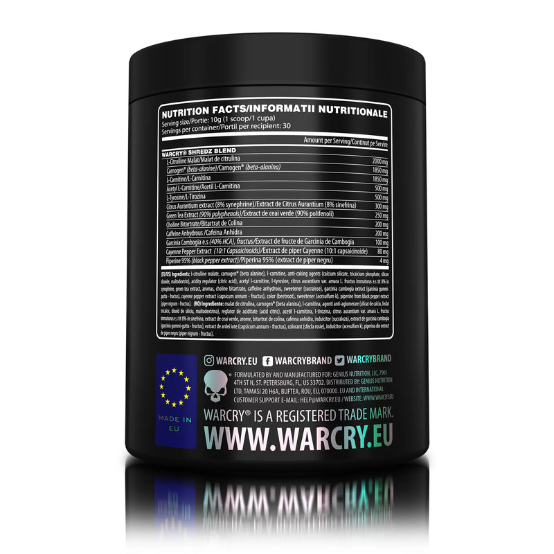 Incarca imaginea in galerie, WARCRY SHREDZ 300g 30serv Genius Nutrition – Supliment pre-workout cu efect termogenic pentru energie, pompare intensa, arderea grasimilor, rezistenta crescuta si diminuarea apetitului cu aroma de watermelon-strawberry
