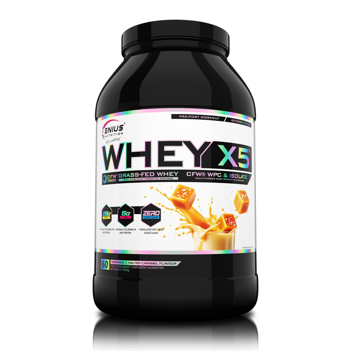 WHEY-X5 2000g 60serv Genius Nutrition - Supliment proteic blend din izolat si concentrat de zer, ideal pentru refacerea si cresterea masei musculare fara depunere de tesut adipos, cu adaos de enzime digestive pentru absorbtie eficienta cu aroma de caramel sarat