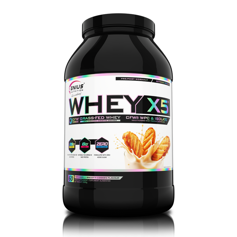 Incarca imaginea in galerie, WHEY-X5 2000g 60serv Genius Nutrition - Supliment proteic blend din izolat si concentrat de zer, ideal pentru refacerea si cresterea masei musculare fara depunere de tesut adipos, cu adaos de enzime digestive pentru absorbtie eficienta cu aroma de biscuiti biscotti.
