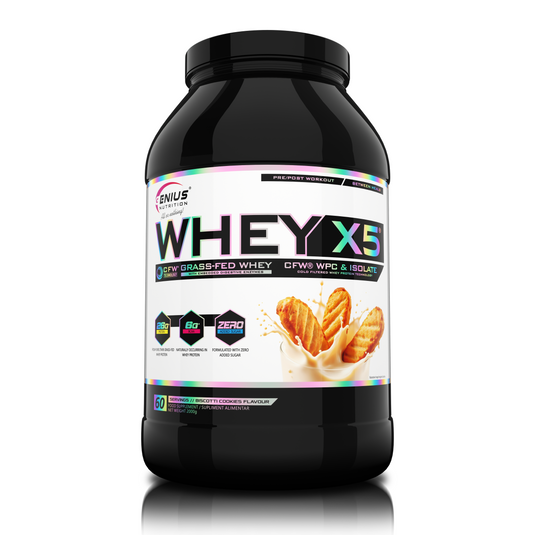 WHEY-X5 2000g 60serv Genius Nutrition - Supliment proteic blend din izolat si concentrat de zer, ideal pentru refacerea si cresterea masei musculare fara depunere de tesut adipos, cu adaos de enzime digestive pentru absorbtie eficienta cu aroma de biscuiti biscotti.
