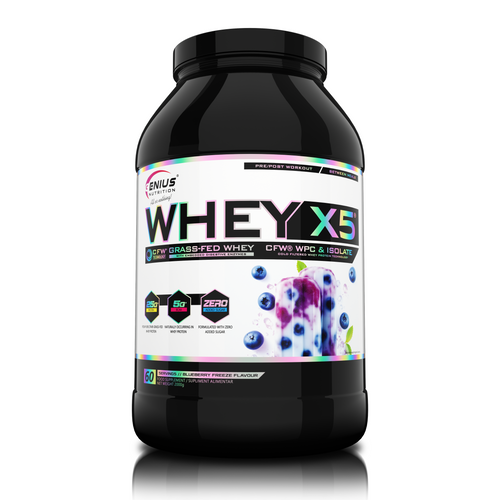 WHEY-X5 2000g 60serv Genius Nutrition - Supliment proteic blend din izolat si concentrat de zer, ideal pentru refacerea si cresterea masei musculare fara depunere de tesut adipos, cu adaos de enzime digestive pentru absorbtie eficienta cu aroma de afine inghetate.
