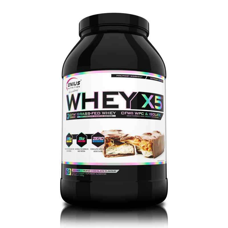 Incarca imaginea in galerie, WHEY-X5 2000g 60serv Genius Nutrition - Supliment proteic blend din izolat si concentrat de zer, ideal pentru refacerea si cresterea masei musculare fara depunere de tesut adipos, cu adaos de enzime digestive pentru absorbtie eficienta cu aroma de ciocolata bueno.
