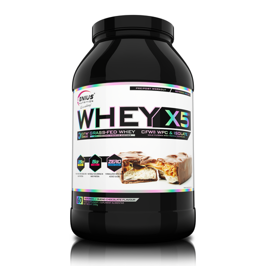WHEY-X5 2000g 60serv Genius Nutrition - Supliment proteic blend din izolat si concentrat de zer, ideal pentru refacerea si cresterea masei musculare fara depunere de tesut adipos, cu adaos de enzime digestive pentru absorbtie eficienta cu aroma de ciocolata bueno.