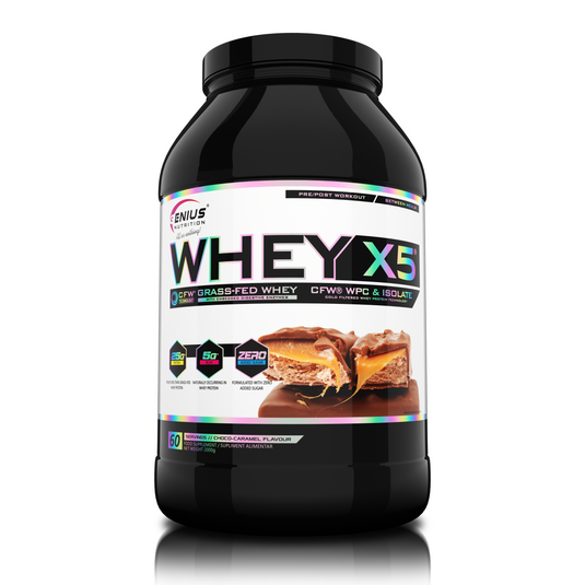 WHEY-X5 2000g 60serv Genius Nutrition - Supliment proteic blend din izolat si concentrat de zer, ideal pentru refacerea si cresterea masei musculare fara depunere de tesut adipos, cu adaos de enzime digestive pentru absorbtie eficienta cu aroma de ciocolata caramel.