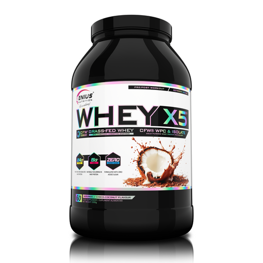 WHEY-X5 2000g 60serv Genius Nutrition - Supliment proteic blend din izolat si concentrat de zer, ideal pentru refacerea si cresterea masei musculare fara depunere de tesut adipos, cu adaos de enzime digestive pentru absorbtie eficienta cu aroma de Choco-Coconut.