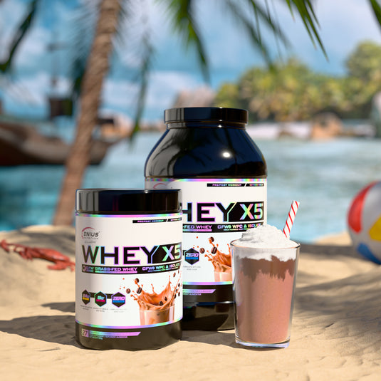 WHEY-X5 2000g 60serv Genius Nutrition - Supliment proteic blend din izolat si concentrat de zer, ideal pentru refacerea si cresterea masei musculare fara depunere de tesut adipos, cu adaos de enzime digestive pentru absorbtie eficienta cu aroma de mocha caraibe.