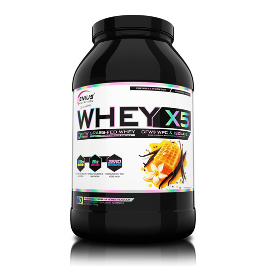 WHEY-X5 2000g 60serv Genius Nutrition - Supliment proteic blend din izolat si concentrat de zer, ideal pentru refacerea si cresterea masei musculare fara depunere de tesut adipos, cu adaos de enzime digestive pentru absorbtie eficienta cu aroma de vanilie si miere.