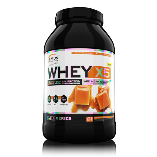 WHEY-X5 2000g 61 serv Genius Nutrition - Supliment proteic blend din izolat si concentrat de zer, ideal pentru refacerea si cresterea masei musculare fara depunere de tesut adipos, cu adaos de enzime digestive pentru absorbtie eficienta cu aroma de salted caramel